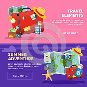 Banners for tourism with travel elements. Summer vacation background flat design.