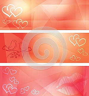 Banners for valentine day - vector set of red backgrounds with hearts and abstractions