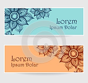 Banners with water color abstract flowers in blue orange brown