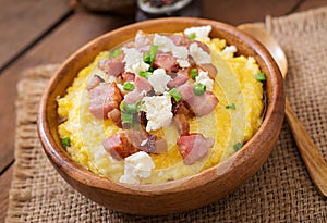 Banosh - Ukrainian Hutsul meal (maize porridge) with bacon