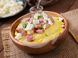 Banosh - Ukrainian Hutsul meal (maize porridge) with bacon