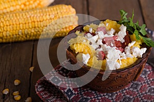 Banosh - Ukrainian Hutsul meal maize porridge with bacon cracklings and cheese