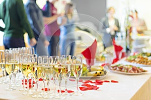 Banquet event. Champagne on table.