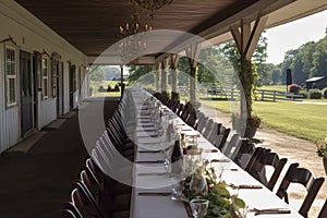 banquet hall, with long tables set up for a formal outdoor dining event