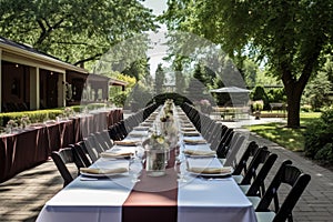 banquet hall, with long tables set up for a formal outdoor dining event