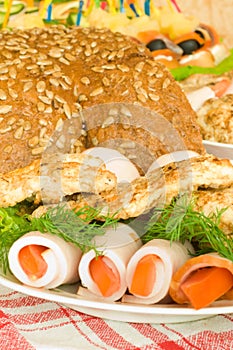 Banquet in the restaurant. Balyk, chops and bread