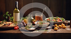 Banquet Set of Delicious Mediterranean Food with Drinks . Generative AI