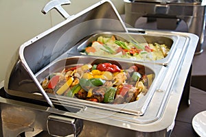 Banquet table with chafing dish heaters