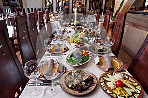 Banquet table with food