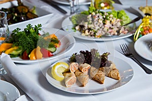 Banquet table with salmon pancakes