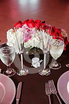 Banquet table settings and flowers