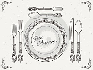 Banquet tableware. Vintage dish with spoon, fork and knife. Symbols of eating on retro vector poster