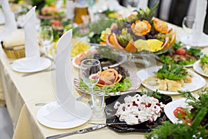 Banquet wedding table setting on evening reception