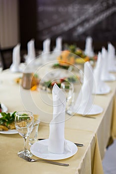 Banquet wedding table setting on evening reception