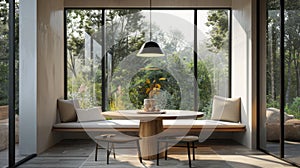 a banquette nook with black windows and a wooden round dining table, inspired by studio aesthetics, the cozy ambiance