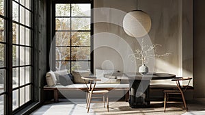 a banquette nook with black windows and a wooden round dining table, inspired by studio aesthetics, the cozy ambiance