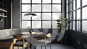 a banquette nook with black windows and a wooden round dining table, inspired by studio aesthetics, the cozy ambiance