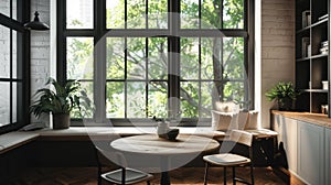 a banquette nook with black windows and a wooden round dining table, inspired by studio aesthetics, the cozy ambiance