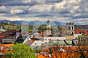 Banska Bystrica town during spring with Low Tatras mountains on horizon