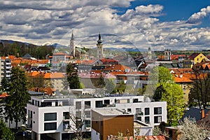 Banska Bystrica town during spring with Low Tatras mountains on horizon