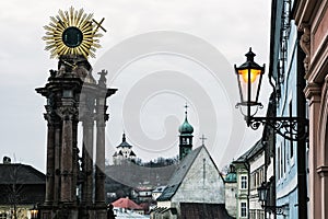 Banska Stiavnica historical cityscape with monumental plague col