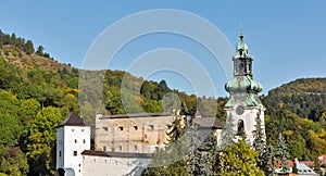 Banska Stiavnica townscape with castle in Slovakia.