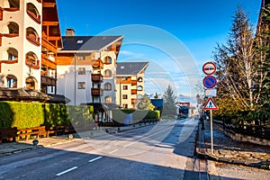 Bansko, Bulgaria autumn street and snow mountain