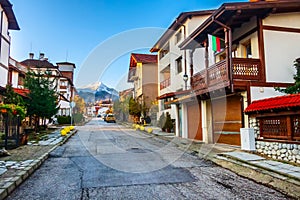 Bansko, Bulgaria autumn street and mountain view