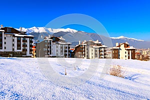 Bansko, Bulgaria chalets and snow mountains banner