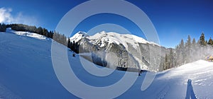 Bansko ski resort with white snowy slopes