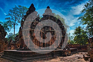 Banteay Srei or Banteay Srey Temple site among the ancient ruins of Angkor Wat Hindu temple complex in Cambodia