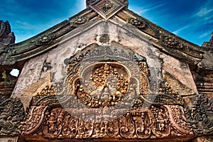 Banteay Srei or Banteay Srey Temple site among the ancient ruins of Angkor Wat Hindu temple complex in Cambodia