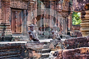 Banteay Srei or Banteay Srey Temple site among the ancient ruins of Angkor Wat Hindu temple complex in Cambodia