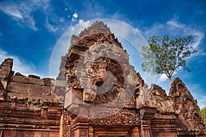 Banteay Srei or Banteay Srey Temple site among the ancient ruins of Angkor Wat Hindu temple complex in Cambodia