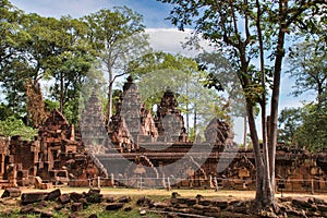 Banteay Srei or Banteay Srey Temple site among the ancient ruins of Angkor Wat Hindu temple complex in Cambodia