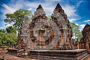 Banteay Srei or Banteay Srey Temple site among the ancient ruins of Angkor Wat Hindu temple complex in Cambodia