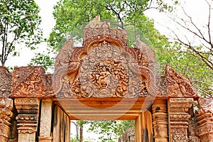 Banteay Srei Siem Reap Castle  is one of the most beautiful castles in Cambodia. Construction of pink sandstone Carved into