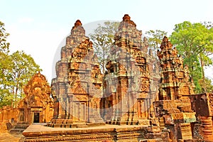 Banteay Srei Siem Reap Castle  is one of the most beautiful castles in Cambodia. Construction of pink sandstone Carved into