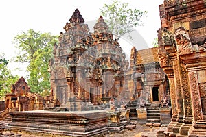Banteay Srei Siem Reap Castle  is one of the most beautiful castles in Cambodia. Construction of pink sandstone Carved into