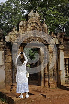 BANTEAY SREI temple, being widely praised as a `precious gem`, or the `jewel of Khmer art.` photo