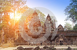 Banteay Srey Temple ruins Xth Century on a sunset, Siem Reap, Cambodia