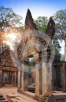 Banteay Srey Temple ruins Xth Century on a sunset, Siem Reap, Cambodia