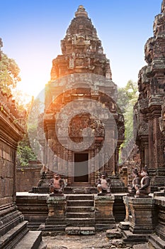 Banteay Srey Temple ruins Xth Century on a sunset, Siem Reap, Cambodia