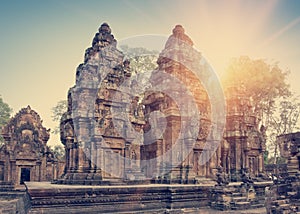 Banteay Srey Temple ruins Xth Century on a sunset, Siem Reap, Cambodia. Toning