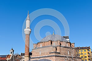 The Banya Bashi Mosque in Sofia, Bulgaria. Center of the Bulgarian capital, clear blue sky