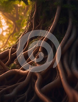 banyan tree roots widespread in the forest illustration