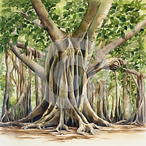 Botanical Watercolor: Joyous Figurative Art Of A Banyan Tree In Forest photo