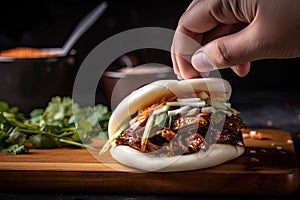 bao bun being filled with juicy and flavorful barbecue pork