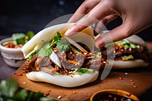 bao bun being filled with juicy and flavorful barbecue pork