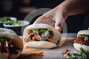 bao bun being filled with juicy and flavorful barbecue pork